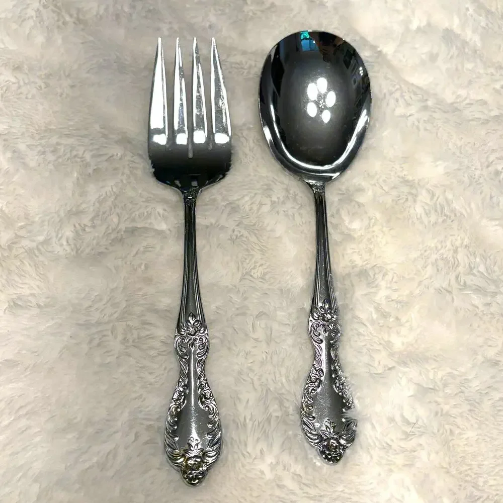 Vintage Louis XV Ornate Rose Flatware Serving Spoon & Fork Set Japan Scrolls